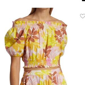 XIRENA Elle Cotton Cropped Top Tropical Floral Print Sz M Pink Yellow
